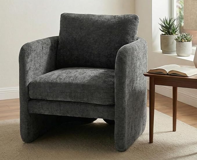 Modern Barrel Accent Chair Single Sofa Chair with Removable Back Pillow Comfy Chenille Upholstered Reading Accent Chair Lounge Armchair for Bedroom Living Room Grey