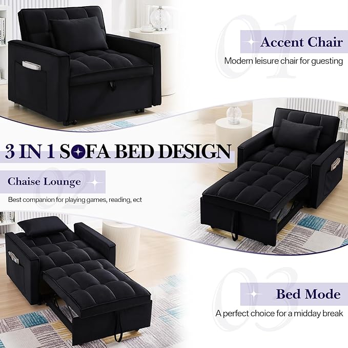 Antetek Sleeper Sofa Chair Bed Convertible Velvet Single Pull Out Sofa Chair Modern Tufted Living Room Reading Chair with Adjustable Backrest/Pillow for Small Space Apartment Office Black
