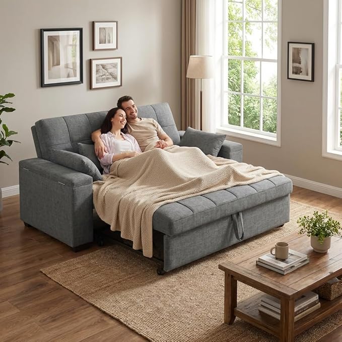Gizoon 3 in 1 Convertible Sofa Bed Queen 63.6'' Pull Out Couch with Storage Armrests Sofa Cama Adjustable Backrest &amp Pockets Linen Loveseat Sleeper for Small Apartment Living Room Dark Grey
