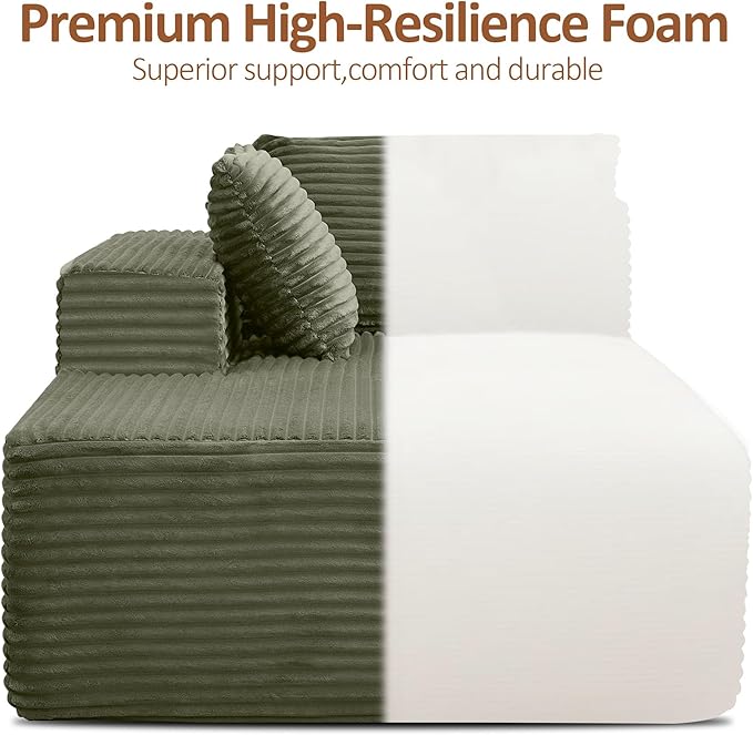 110 Boneless Sectional Couch with Chaise Lounge Cloud Couch Compressed Sofa L Shape No Assembly Memory Foam Sofa for Living Room Green Corduroy