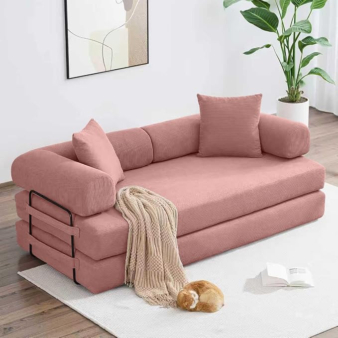 78.5 Inch Convertible Sleeper Sofa Bed 5 in-1 Boneless Floor Couch Bed with Fixed-Shape Frame Modular Futon Couch for Living Room Apartments RV Studio Bedroom Small Spaces Pink