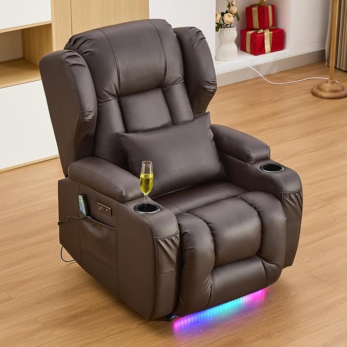 IPKIG Power Recliner Chair with Massage and Heat Electric Recliner for Living Room Home Theater Bedroom with LED Lights USB Charger Cup Holders Side Pockets &amp Lumbar Pillow (1 Brown)