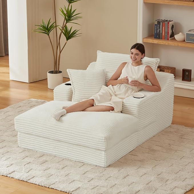 67.7 Oversized Chaise Lounge Chair Indoor Modern Corduroy Single Sleeper Couch Chair with 3 Soft Pillows＆Cup Holder Boneless Cloud Couch Single Seat Sofa for Living Room Bedroom (White)