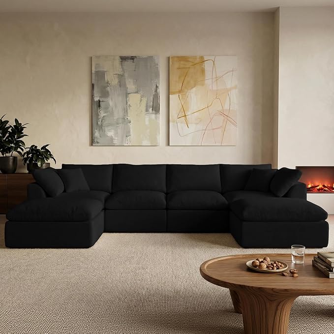 Modular Sectional Cloud Sofa Couch 110” L-Shape Wide Armrest 3 Seats Couch Free Combination Compressed Sofa for Living Room BedroomNo Assembly Needed (Black 4 Seats)