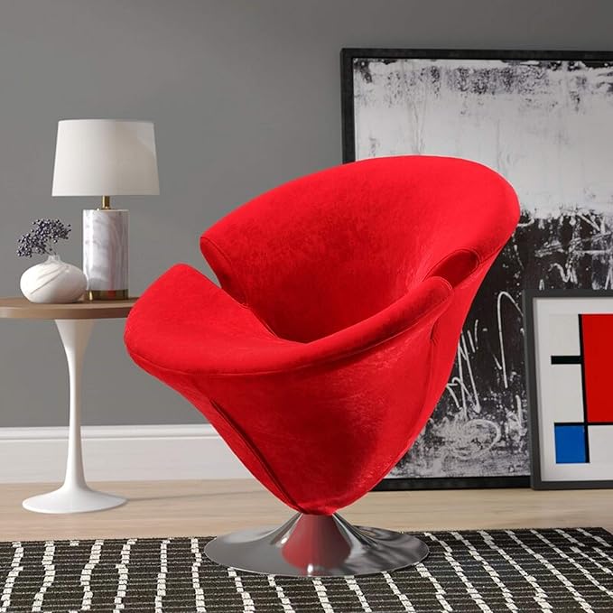 Manhattan Comfort Tulip Swivel Accent Chair Set of 2 with 360° Turn Modern Flower Inspired Design Soft Velvet Upholstery Polished Chrome Base No Assembly Required 300 Lbs Capacity Red