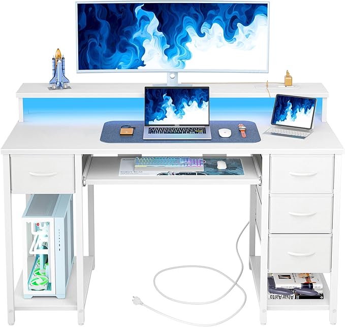 TIQLAB Computer Desk with Drawers and Power Outlets 47 Inch Gaming Desk with LED Lights Home Office Desk with Monitor Stand and Keyboard Tray Study Writing Work Desk for Home Office White