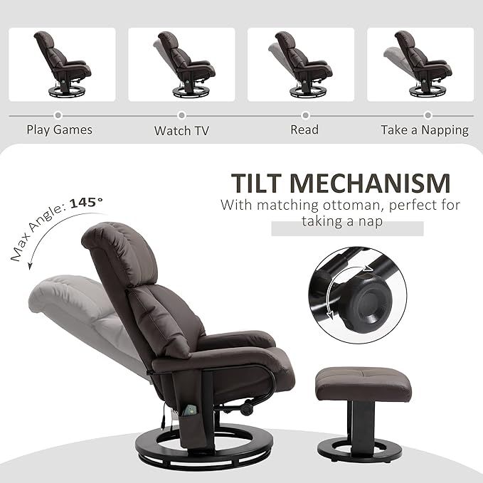 Massage Recliner Chair with Ottoman 10 Vibration Points and 360° Swivel Comfortable Faux Leather Living Room Chair with Side Pocket Brown.