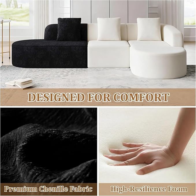 Oversized Sectional Sofa with Right Chaise 111 Modern Luxury Lychee-Textured Long-Pile Extra Wide Seat L-Shape Curved Cloud Boneless Couch for Living Room Apartmen No Assembly Black