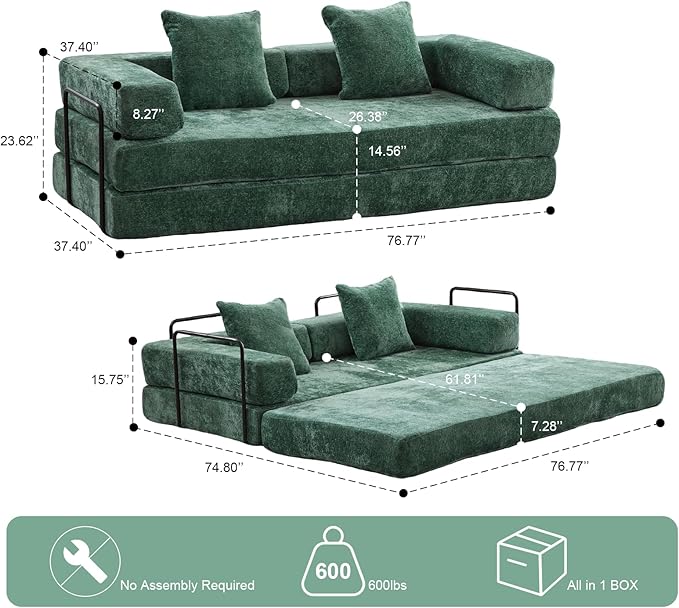 77 Convertible Sleeper Sofa Bed with Fixed-Shape Frame Modern Chenile Folding Boneless Couch with 2 Pillows Comfy Floor Sofa Couch for Living Room No Assembly Required Green
