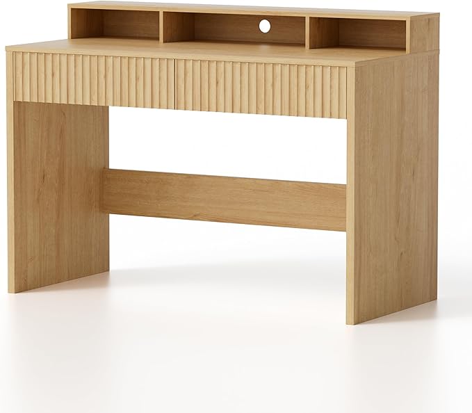 47 Fluted Office Desk with Storage Shelf Modern Wood Executive Desk with Long Monitor Stand &amp 2 Drawers Home Writing Study Computer Table Vanity Desk Natural Oak