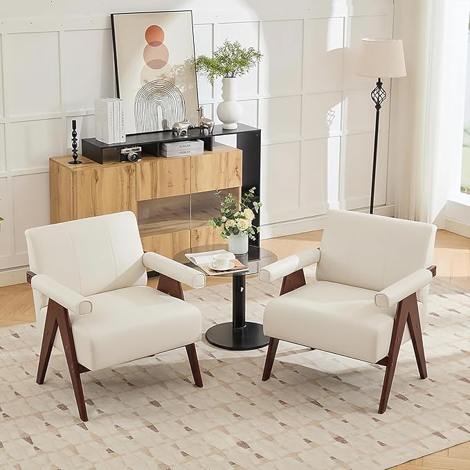 AODAILIHB Mid Century Modern Accent Chair Set of 2 Solid Wood Frame White Linen Armchairs Modern Reading &amp Living Room Chairs for Office Guest &amp Waiting Room