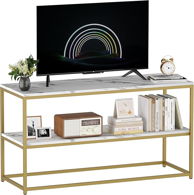 Function Home TV Stand for TVs up to 50 Inch 2 Tier Entertainment Center Modern TV Cabinet with Marble Top and Gold Metal Base 42 Media Console Table with Storage for Living Room Bedroom