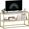 Function Home TV Stand for TVs up to 50 Inch 2 Tier Entertainment Center Modern TV Cabinet with Marble Top and Gold Metal Base 42 Media Console Table with Storage for Living Room Bedroom