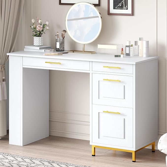 4 EVER WINNER White Desk with Drawers and Power Outlet 48 Inch Small Desks with Storage Golden Handle Girls Desk with 4 Storage Writing Table for Small Spaces White and Gold Desks
