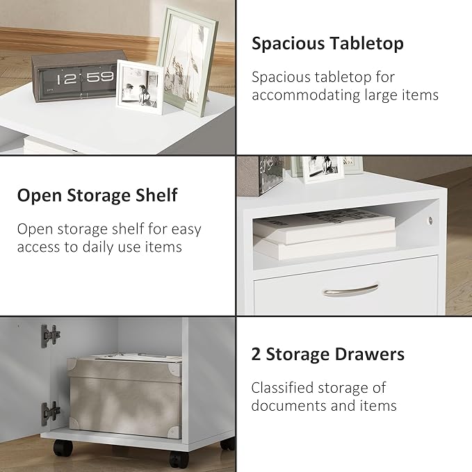 Mobile File Cabinet with 2 Drawers Under Desk Filing Cabinets Printer Stand Rolling Office Storage Cabinet with 4 Wheels for Home Office Organizer Letters/Legal/A4 (White)