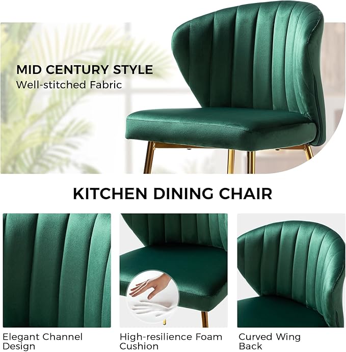 HULALA HOME Dining Chairs Set of 2 Velvet Upholstered Kitchen &amp Dining Room Chairs with Metal Legs Vanity Chair Armless Side Chairs for Living Room Bedroom Makeup Room Channel Curved Backrest Gr