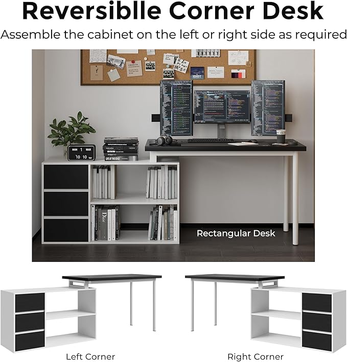 L Shape Small Desk - Computer Corner Desk with 3 Drawers and 2 Shelves 53 inch Home Office Table with Storage Cabinet for Gaming Writing Study White+Black