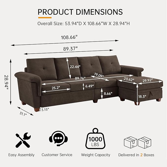 Convertible Sectional Sofa with Storage 4 Seat L Shaped Couch with Chaise and Cup Holder Modern Microfiber Fabric Sofas Couches for Living Room Dark Coffee