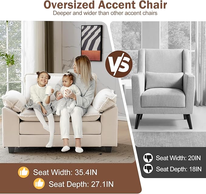 CDCASA Oversized Accent Chair Velvet Comfy Cloud Chair with Large Seat and Upholstered Armrests Modern Extra Wide Armchair Reading Chairs for Bedroom Living Room Office Beige