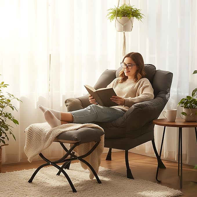 Lazy Chair with Ottoman Modern Accent Lounge Armchair with Armrests and a Side Pocket &amp Foldable Footstool Leisure Reading Chair for Living Room Bedroom Dorm &amp Office Dark Grey