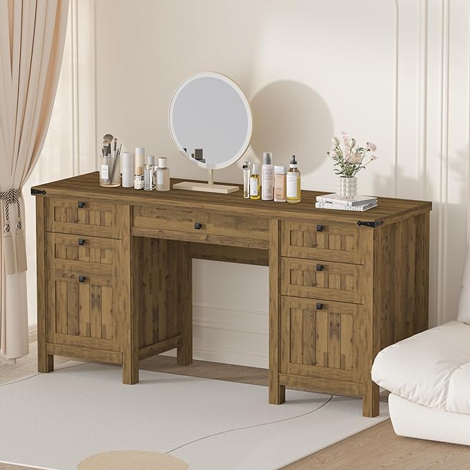 Executive Desk Modern Farmhouse Computer Desk with Drawers &amp Cabinet Home Office Desk for Work Study Writing Workspace (Light Brown 62)