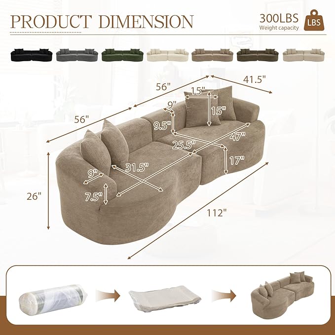 112'' Modern Curved Sectional Sofa Oversized Boneless Cloud Couch Luxury Plush Chenille Sofa 4-Seater Extra Deep No Assembly for Living Room Bedroom Apartment Light Brown