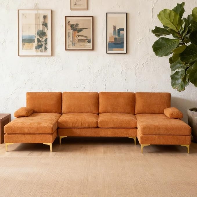 Karl home Convertible Sectional Sofa 110 U-Shape Sofa Couch 4-Seat Couch with Chaise ChenilleFabric Upholstered for Living Room Apartment Office Orange