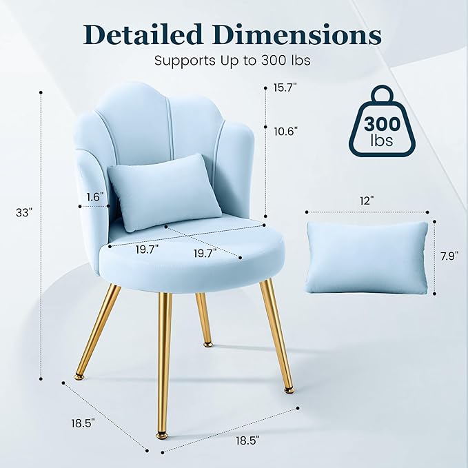Petal Makeup Vanity Chair with Back Flower Chair Comfy No Wheels for Girls Women Makeup Chair with Golden Metal Legs &amp Lumbar Pillow for Living Room/Makeup Room/Bedroom/Home Office - Blue
