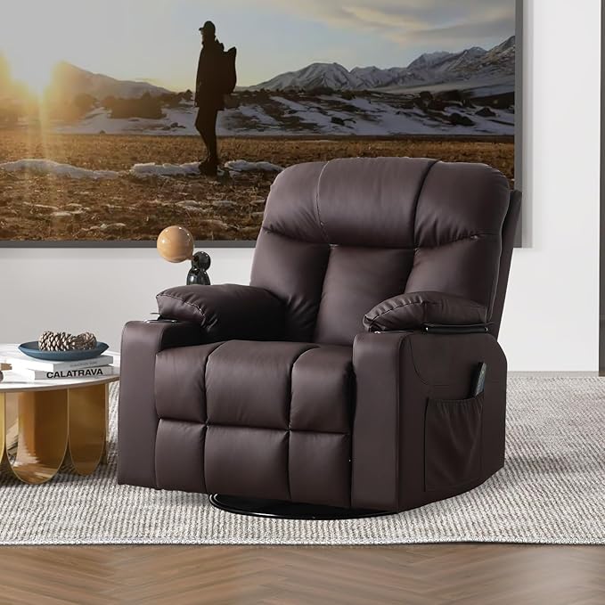 Bonzy Home Swivel Rocker Recliner with Heating and Massage 40 Manual Rocker Recliner Chair PU Leather Single Sofa with 2 Cup Holders for Living Room Bedroom Brown