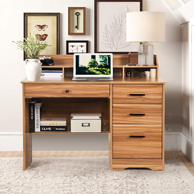 Catrimown Computer Desk with 4 Drawers and Hutch Home Office Desk with File Drawer 44” Rustic Oak Wood Desk Study Table for Bedroom Rustic Oak