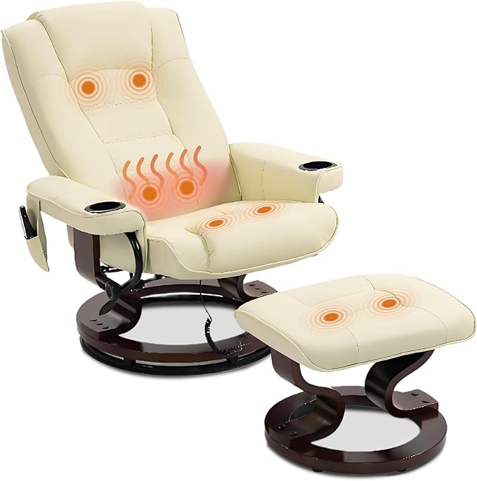 Heated Massage Recliner Chair with Ottoman PU Leather Lounge Chair with Footrest &amp 360 Swivel Wooden Base for Adults Bedroom Living Room Beige