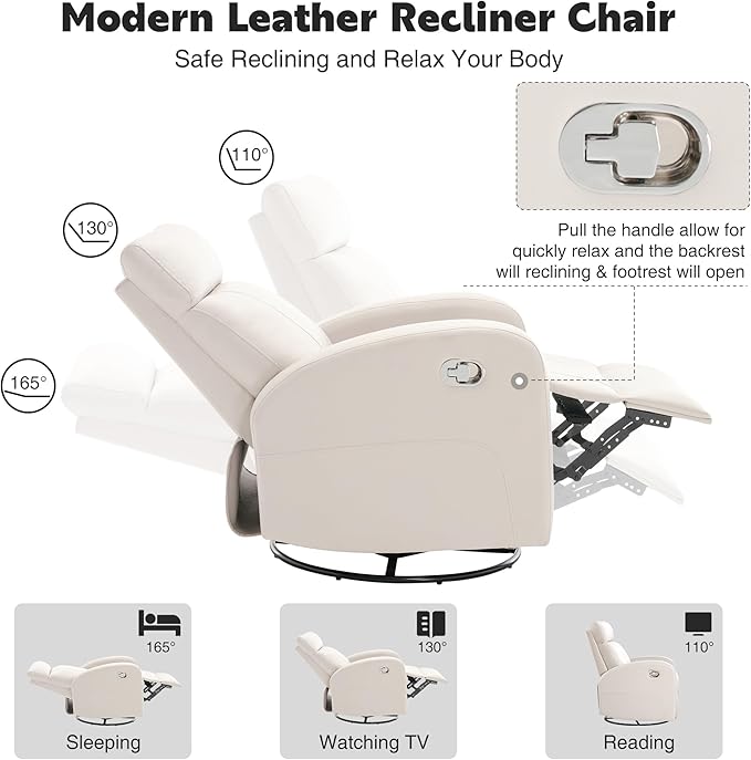 Swivel Rocker Recliner Chair Manual Faux Leather Recliner Glider Rocking Recliners 360°Swivel Nursery Reclining Chairs with Adjustable Headrest Highback for Living Room Cream