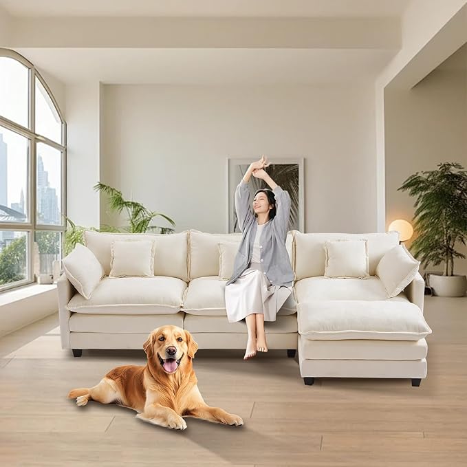 Furniliving 112‘’ L-Shaped Sofa Luxury Chenille Modular Sectional Couches with Ottoman Upholstered Deep Seat Sleeper Sofa with Memory Foam and Waist Pillows Beige