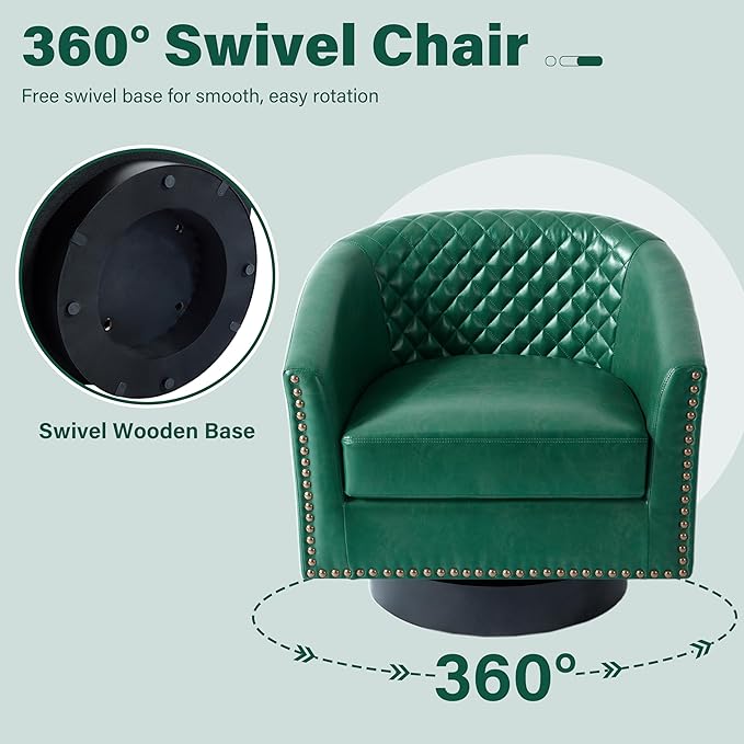 Pia Ricco Faux Leather Swivel Barrel Accent Chairs 360° Swivel Round Single Sofa Chair Comfy Upholstered Club Armchair with Nailhead Trim for Living Room/Reading Room/Bedroom Green