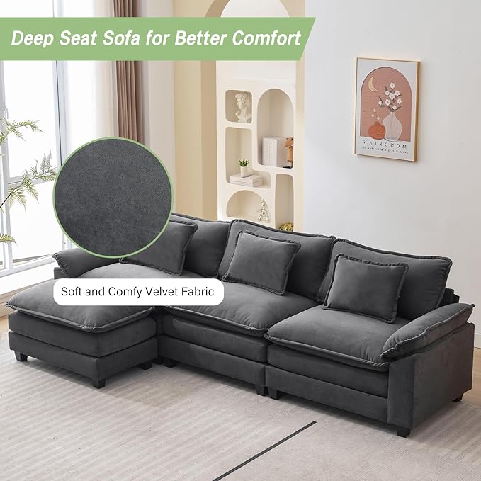 L Shape Sofa Comfy Sectional Cloud Couch for Living Room with Pillows Modern Velvet Sofa Sleeper Deep Couches with Ottoman (Grey 4-Seat)