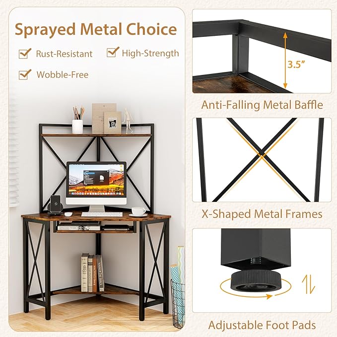 Tangkula Corner Desk with Hutch &amp Charging Station Space-Saving Computer Desk with Shelves &amp Keyboard Tray Triangle Home Office Desk with Metal Frame Corner Desk for Small Space