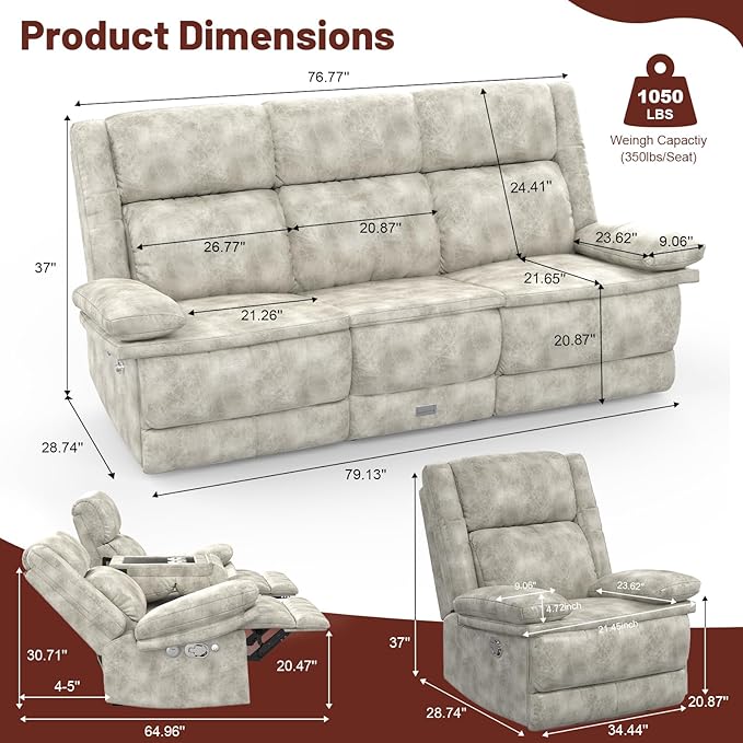 Recliner Sofa 3+1 Set Flip Middle Backrest Design 3 Seater Loveseat Reclining Sofa and Single Oversized Recliner Chair Manual Couches for Living Room/RV