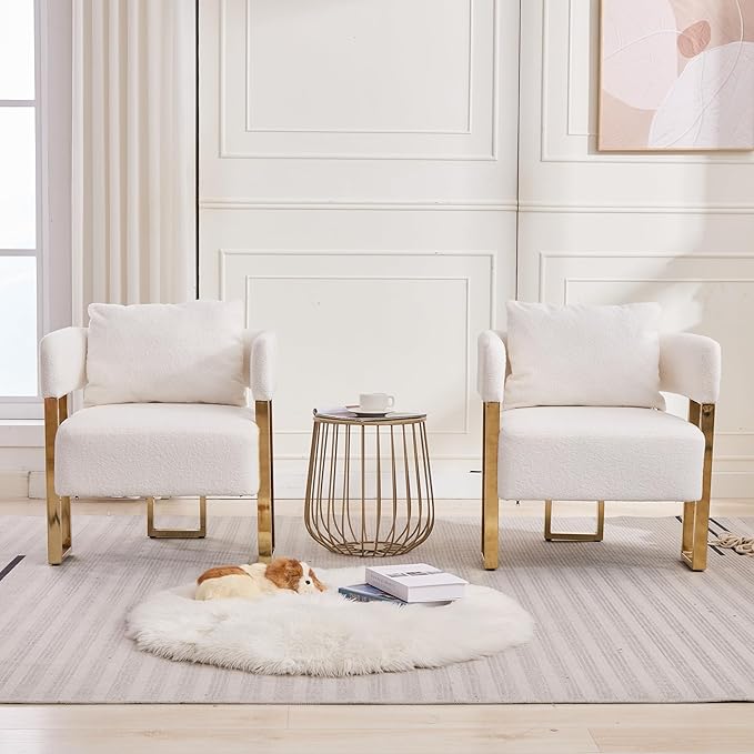 YISHENG Modern Barrel Accent Chairs Set of 2 Living Room Side Chairs with Golden Metal Legs Soft Upholstered Reading Armchairs no Wheels for Vanity/Reception Room//Bedroom/Lounge/Office White Teddy
