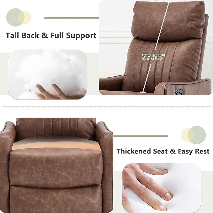 cinkehome Swivel Rocker Recliner Glider Rocker Recliner Chair for Nursery Manual Reclining Chair with Heated Massage Small Spaces Living Room Faux Leather Light Brown