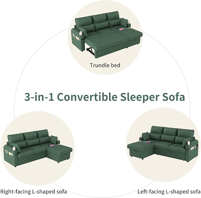 Sectional Sleeper Sofa with Pull Out Couch Bed with Storage Chaise for Living Room Comfy Linen Modular Sectional Sofa with Dual USB &amp Type-C Cup Holders (Green 81 Inches)