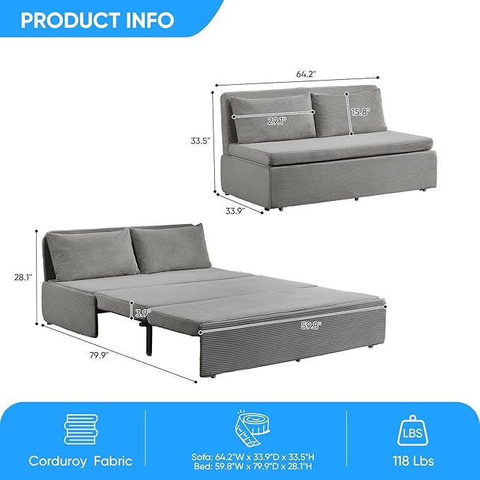 PUREMIND 3-in-1 Queen Size Pull Out Sofa Bed Convertible Corduroy Couch with Pillows and 3.9 Memory Foam Mattress Loveseat Sofa-Bed for Living Room Apartment (Light Grey)
