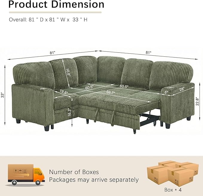 81 Modular Sectional Sofa L Shaped 5-Seater Sleeper Sofa with Pull Out Bed Hidden Storage Cup Holders &amp USB Charging Ports Sectional Couches for Living Room Corduroy Green