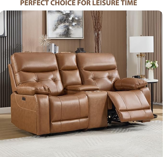 CANMOV Genuine Leather Power Recliner Loveseat 2 Seat Loveseat Reclining Sofa with Storage ConsoleHidden Cup HoldersModern Electric Recliner Couch Set for Living Room BedroomBrown