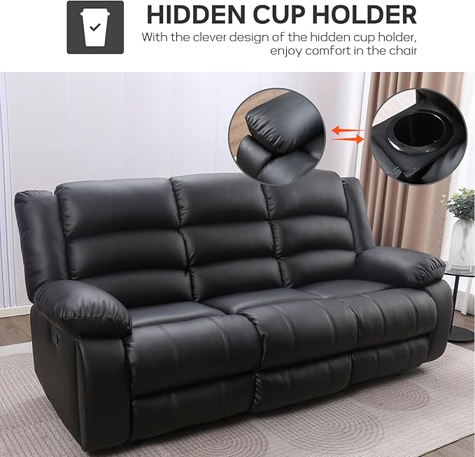 EBELLO Faux Leather Manual Reclining Sofa with 2 Concealed Cup Holders Overstuffed Armrest 3 Seat Recliner Couch for Living Room Bedroom Meeting Room Black