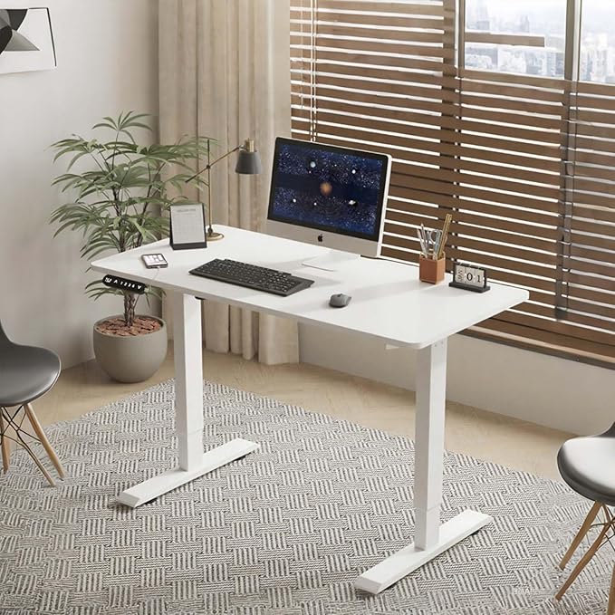 55 Electric Standing Desk Adjustable Height White Seated Stand up Computer Desks for Work Office Home Ergonomic Lift-up Gaming Tables with USB Charging Port (White-55)
