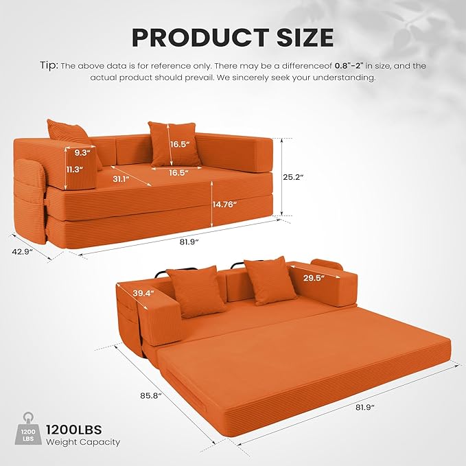 5‑in‑1 Futon Sofa Bed Queen–Floor Foldable Convertible Sofa Couch with L‑Shaped Armrests Removable Cover Orange Convertible Guest Bed | Space‑Saving Fold‑Out Mattress Lounge for Living Room/Bedroom