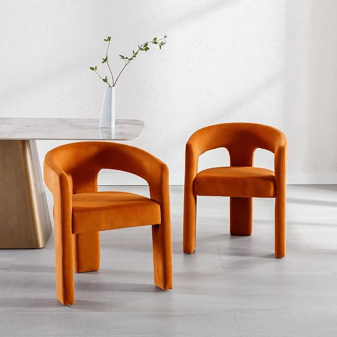 Wahson Orange Dining Chair Set of 4 Velvet Upholstered Modern Barrel Chair Round Dining Chairs with Wooden Legs Assembled Accent Armchairs for Dining Room/Living Room/Bedroom/Side