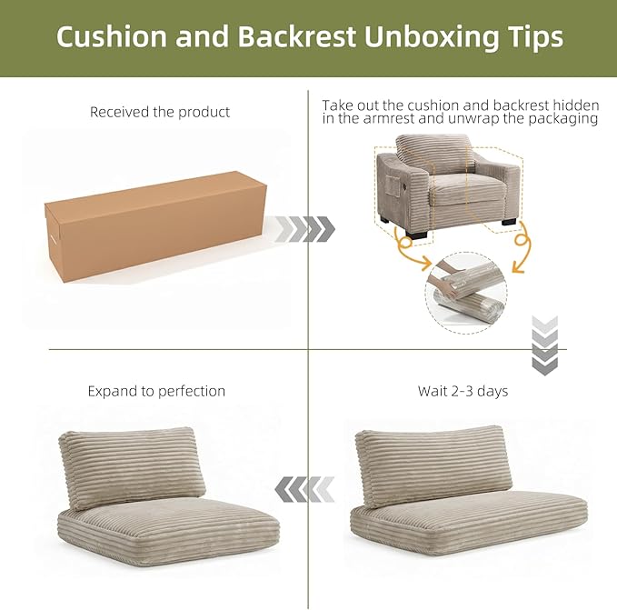 46.1''W Oversized Accent Chair Modern Single Armchair with USB Charger &amp Storage Pocket Comfy Reading Chair Tufted Corduroy Fabric for Living Room Bedroom Apartment Office (Camel)