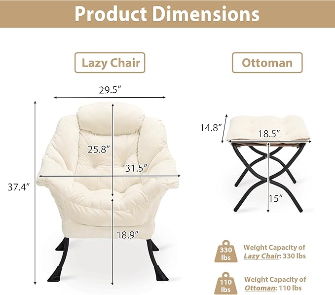 Lazy Chair with Folding Ottoman Accent Chair Plush Upholstered with Metal Structure and Non-Slip Pads Sofa Armchair with Footrest and Side Storage Bag for Dorm Room Office Beige