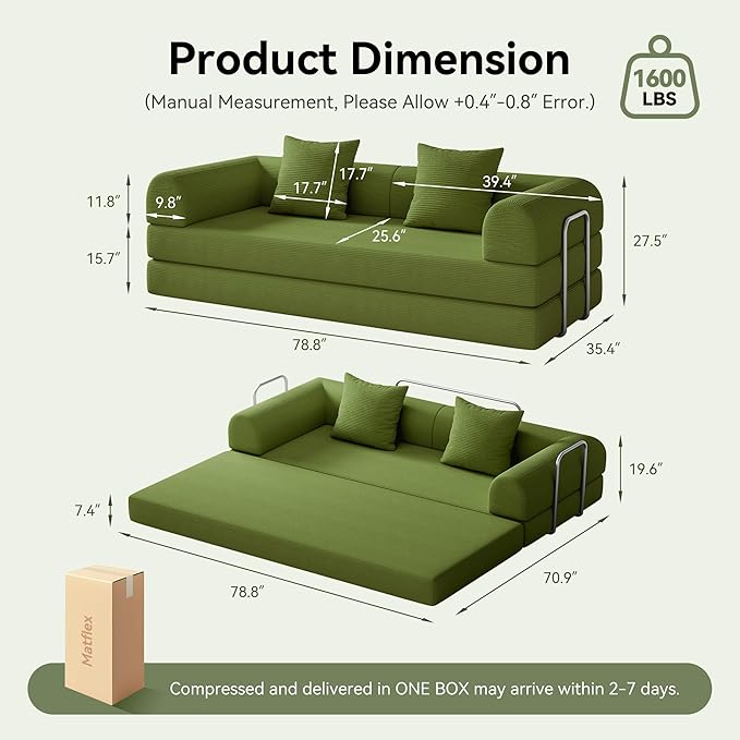 79 Folding Convertible Sofa Bed Boneless Couch for Living Room with Pull Out Bed ‌Convertible Sleeper Sofa Bed with Pillows - Corduroy Upholstered Modular Futon Couch for Bedroom Lounge (Green)